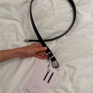 Aritzia Black Slim Leather Belt with Silver Buckle
